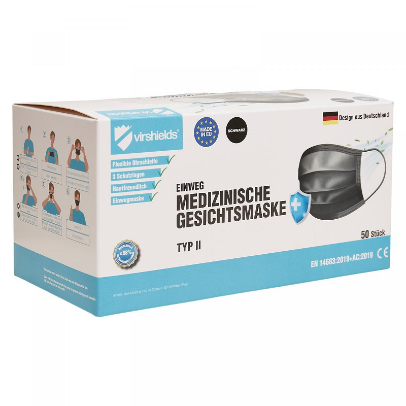50 Medizinische Gesichtsmaske 3-lagig Typ II SCHWARZ